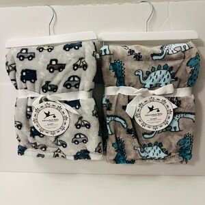 Adirondack Baby by Berkshire Lot of 2 Gray Baby Blankets Dinosaurs Cars Trucks